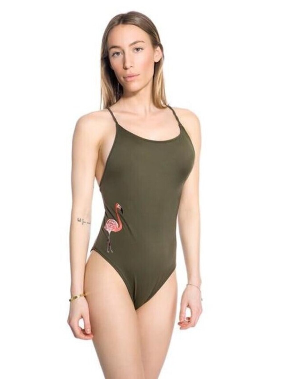 OAS  Embroidered pink flamingo on army green ground bathing suit. small Swimsuit